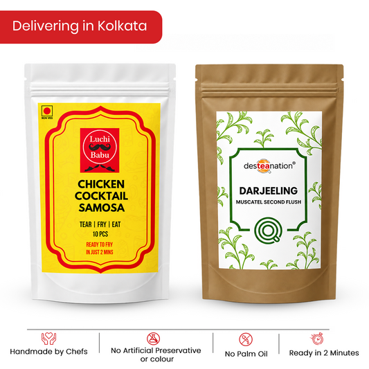 Ready to Fry Chicken Cocktail Samosa (10 pcs) With Darjeeling Muscatel Second Flush (Desteanation)