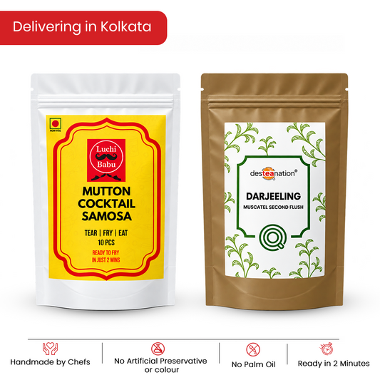 Ready to Fry Mutton Cocktail Samosa (10 pcs) With Darjeeling Muscatel Second Flush (Desteanation ) (100g)