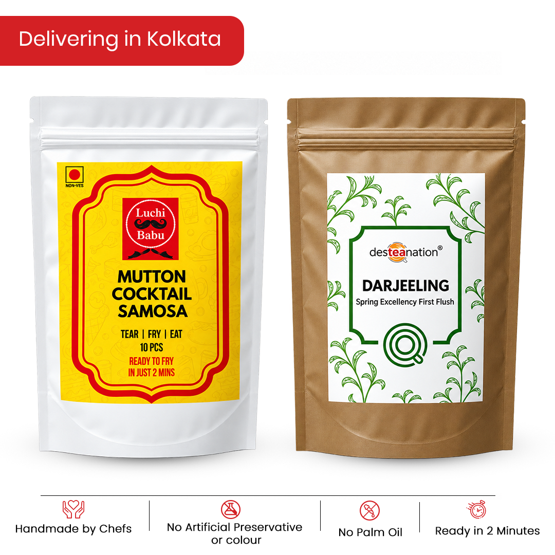 Ready to Fry Mutton Cocktail Samosa (10 pcs) With Darjeeling Spring Excellency (First Flush) (Desteanation) (100g)