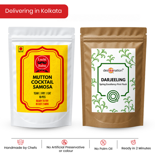 Ready to Fry Mutton Cocktail Samosa (10 pcs) With Darjeeling Spring Excellency (First Flush) (Desteanation) (100g)