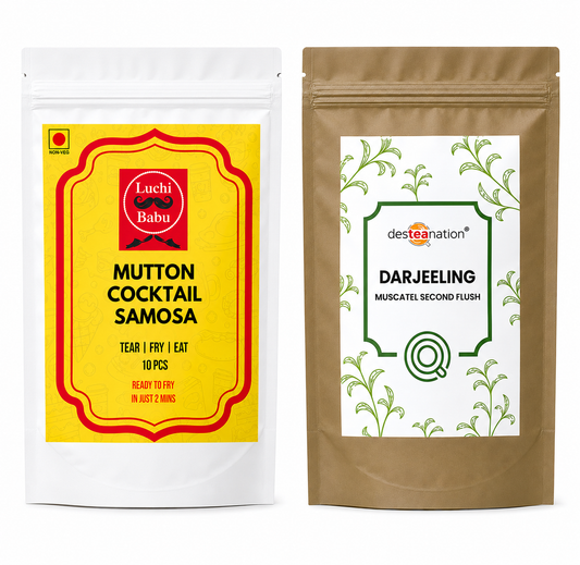 Ready to Fry Mutton Cocktail Samosa (10 pcs) With Darjeeling Muscatel Second Flush (Desteanation ) (100g)