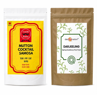 Ready to Fry Mutton Cocktail Samosa (10 pcs) With Darjeeling Spring Excellency (First Flush) (Desteanation) (100g)